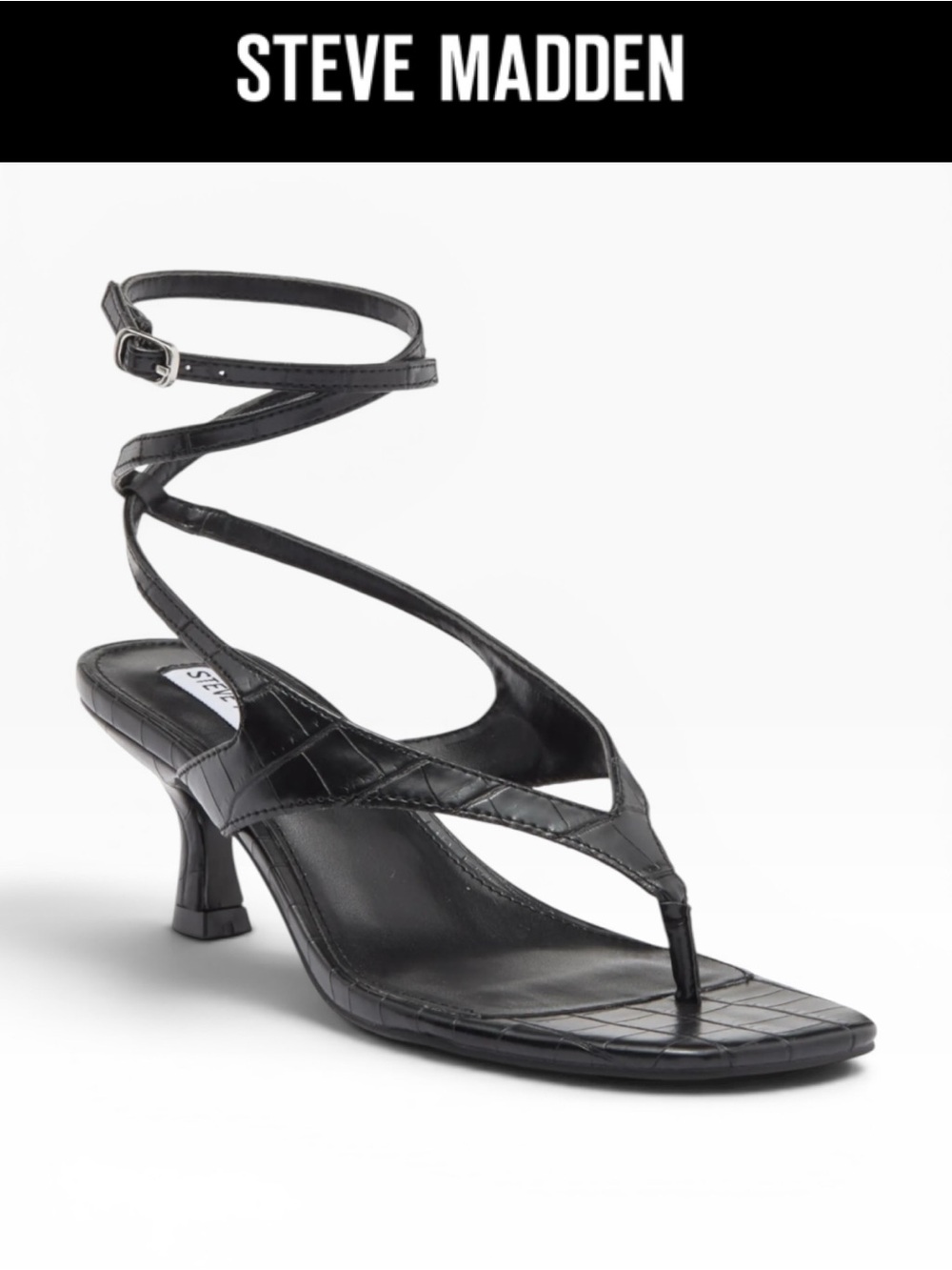 STEVE MADDEN RAYGER BLACK CROC EMBOSSED ANKLE WRAP STRAP KITTEN HEELS **NWT**